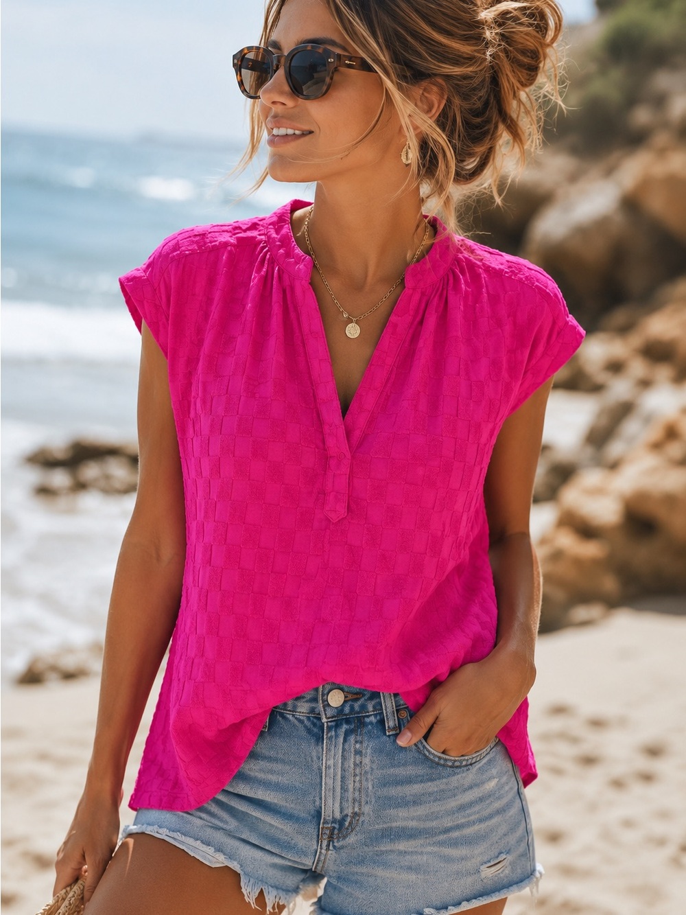 THML Hot Pink Textured Split-Neck Cap Sleeve Top - Picture 12 of 13